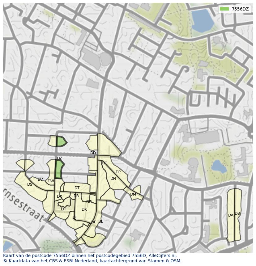Afbeelding van het postcodegebied 7556 DZ op de kaart.