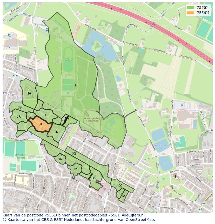 Afbeelding van het postcodegebied 7556 JJ op de kaart.