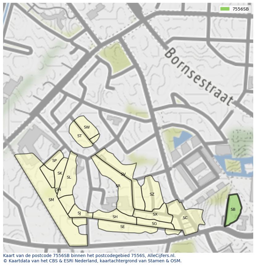 Afbeelding van het postcodegebied 7556 SB op de kaart.