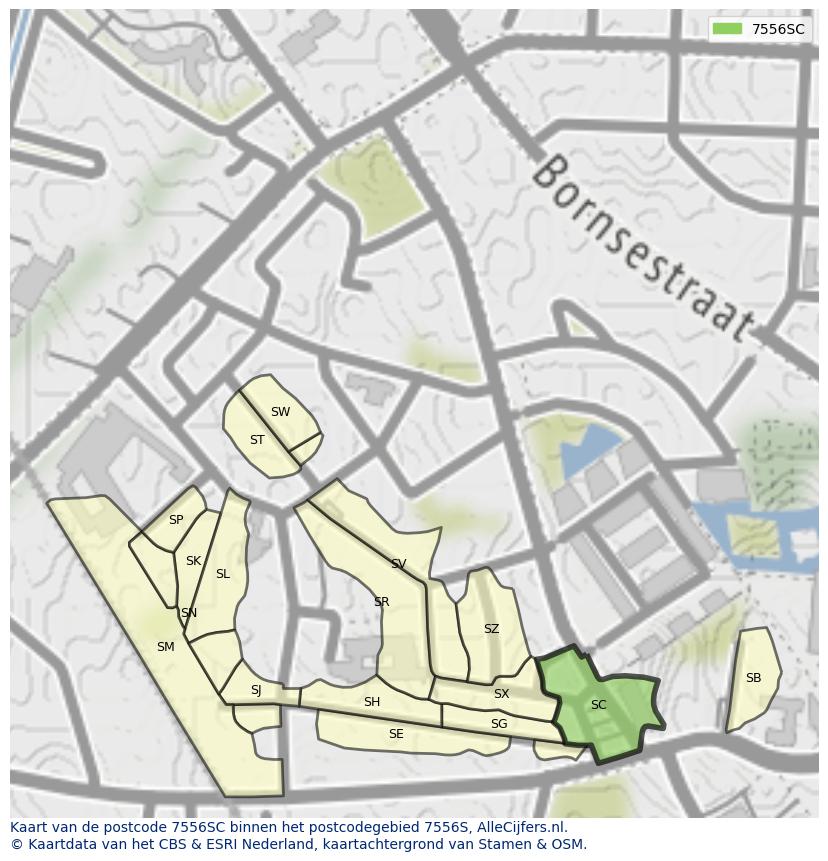 Afbeelding van het postcodegebied 7556 SC op de kaart.
