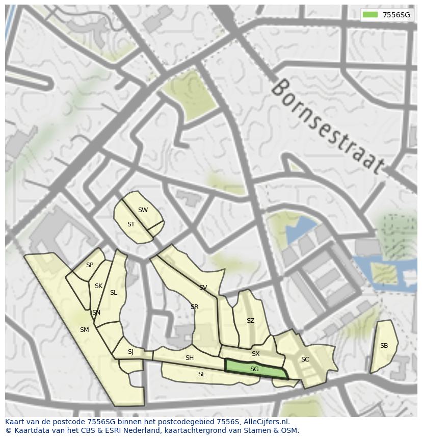 Afbeelding van het postcodegebied 7556 SG op de kaart.