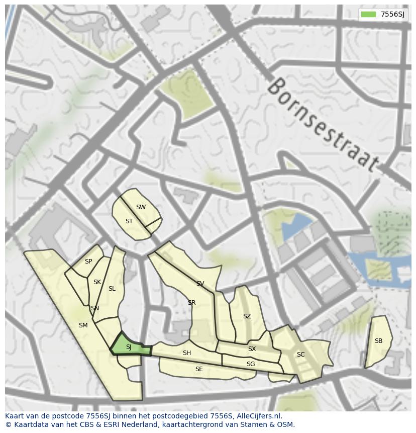 Afbeelding van het postcodegebied 7556 SJ op de kaart.