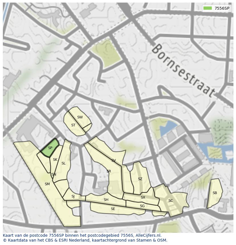 Afbeelding van het postcodegebied 7556 SP op de kaart.