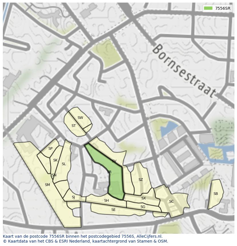 Afbeelding van het postcodegebied 7556 SR op de kaart.
