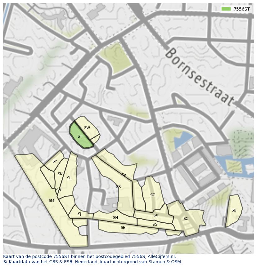 Afbeelding van het postcodegebied 7556 ST op de kaart.
