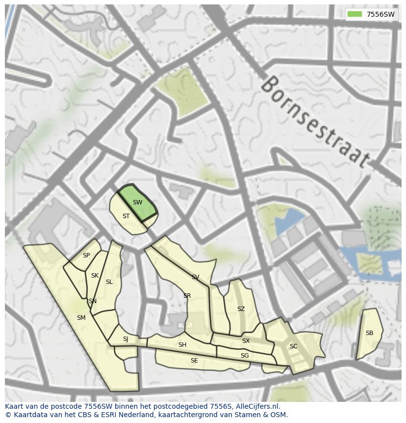 Afbeelding van het postcodegebied 7556 SW op de kaart.