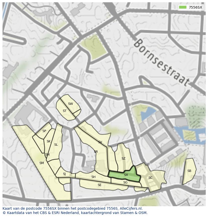 Afbeelding van het postcodegebied 7556 SX op de kaart.