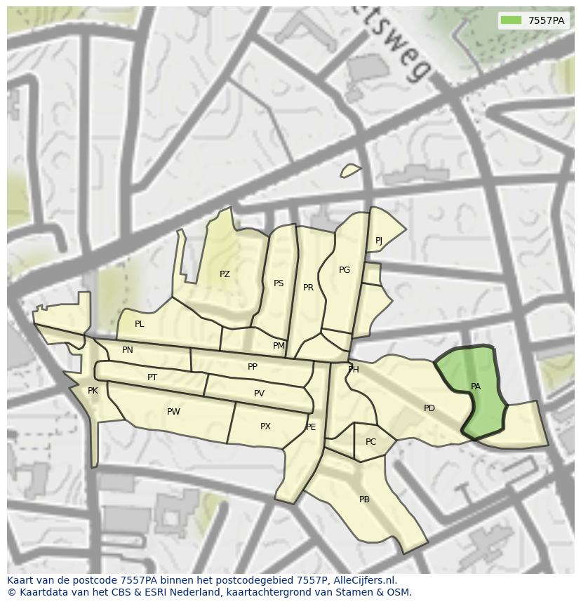 Afbeelding van het postcodegebied 7557 PA op de kaart.