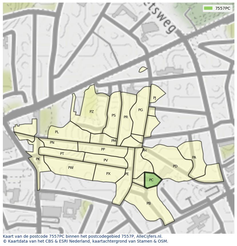 Afbeelding van het postcodegebied 7557 PC op de kaart.