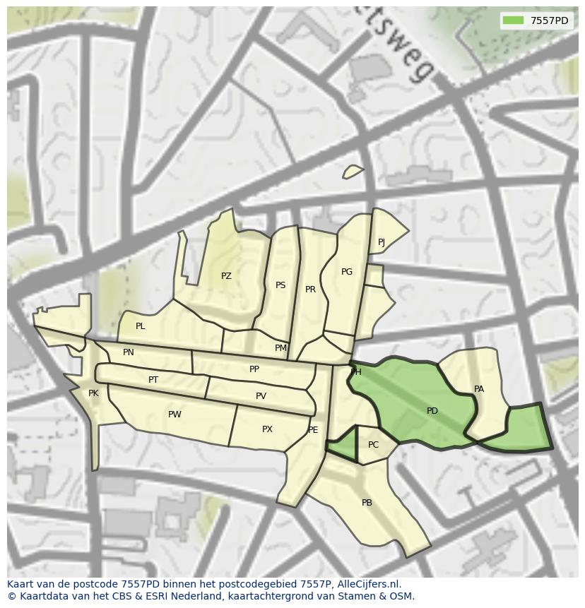 Afbeelding van het postcodegebied 7557 PD op de kaart.