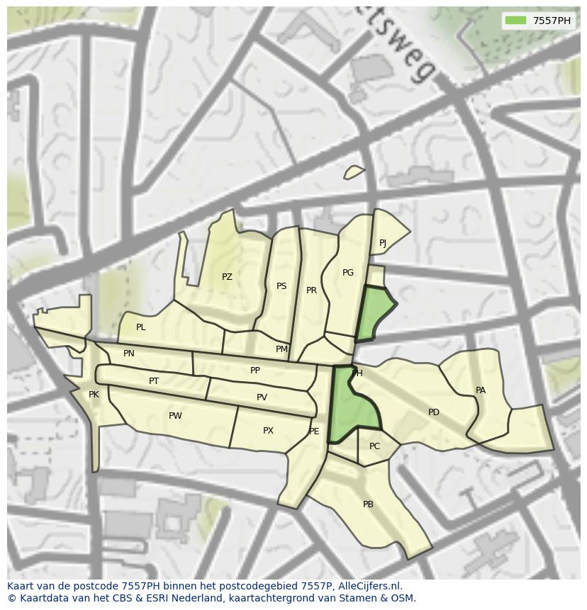 Afbeelding van het postcodegebied 7557 PH op de kaart.