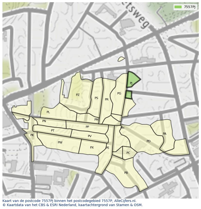 Afbeelding van het postcodegebied 7557 PJ op de kaart.