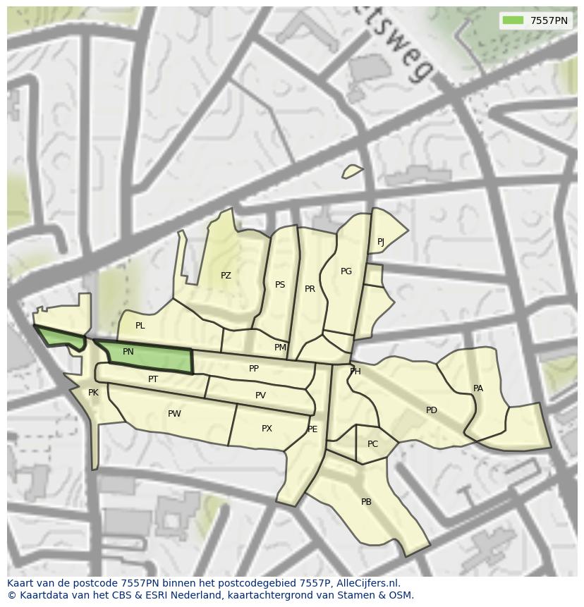 Afbeelding van het postcodegebied 7557 PN op de kaart.