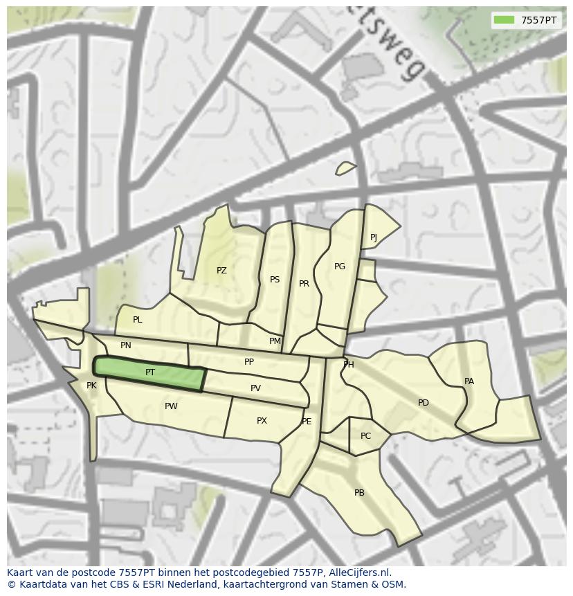 Afbeelding van het postcodegebied 7557 PT op de kaart.