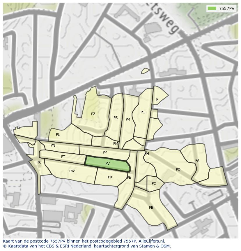 Afbeelding van het postcodegebied 7557 PV op de kaart.