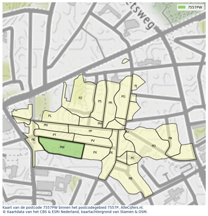 Afbeelding van het postcodegebied 7557 PW op de kaart.