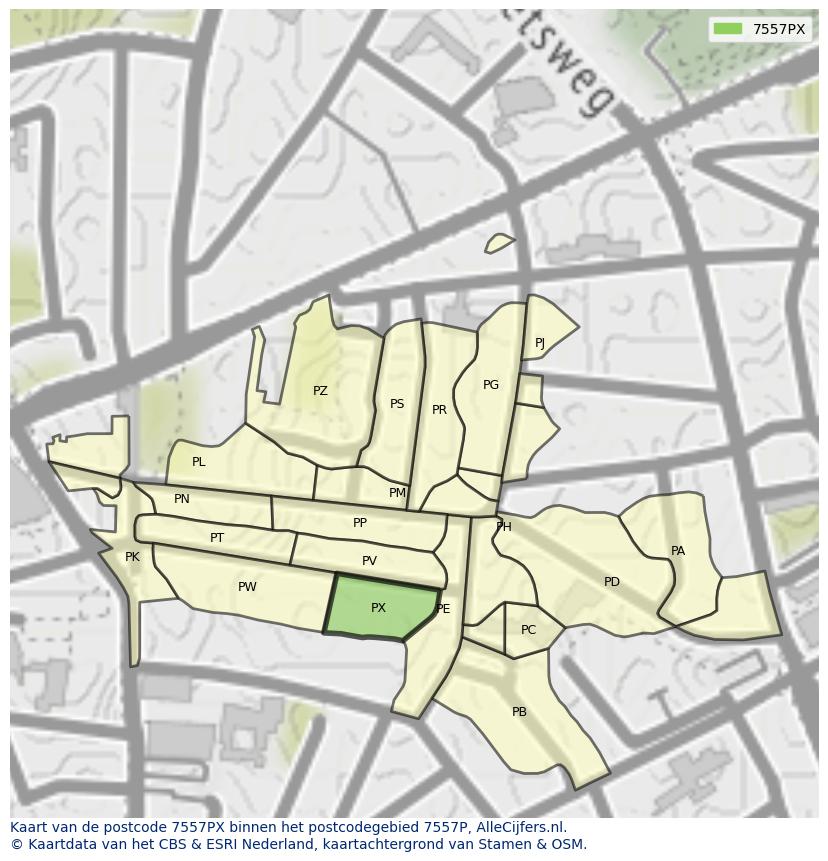 Afbeelding van het postcodegebied 7557 PX op de kaart.