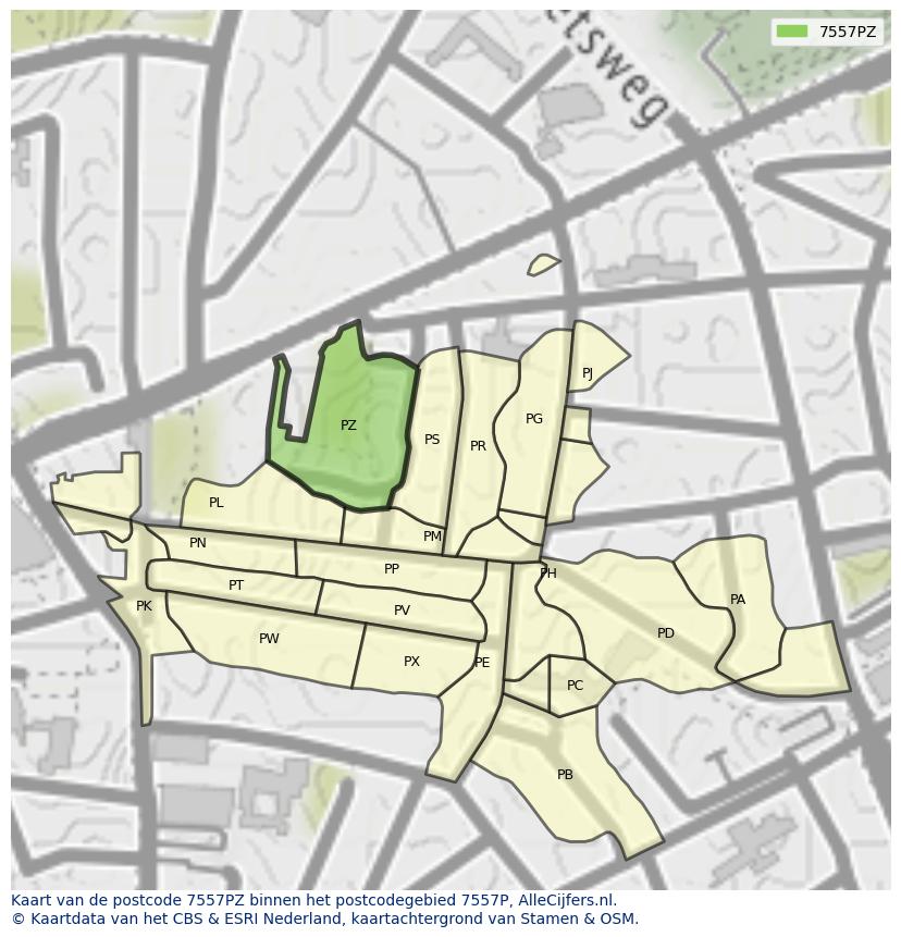 Afbeelding van het postcodegebied 7557 PZ op de kaart.
