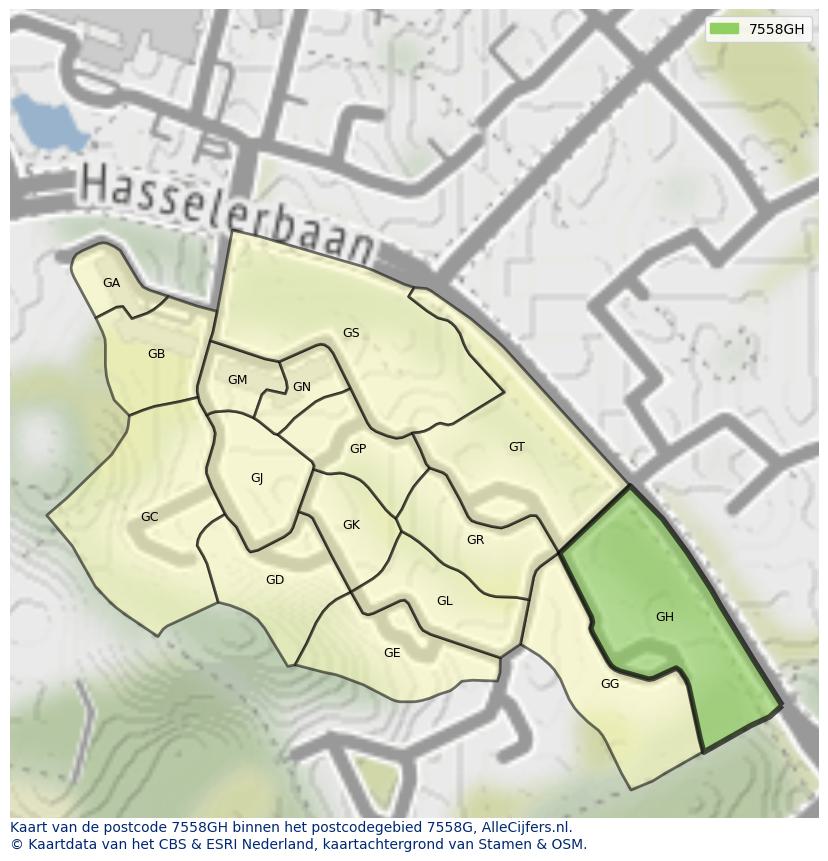 Afbeelding van het postcodegebied 7558 GH op de kaart.