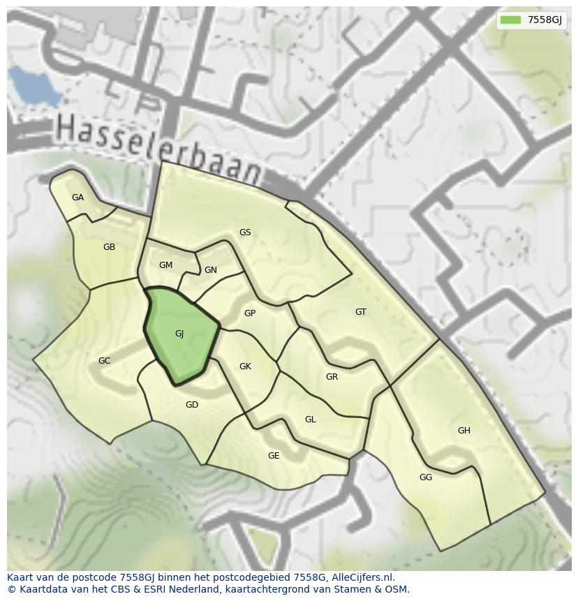 Afbeelding van het postcodegebied 7558 GJ op de kaart.