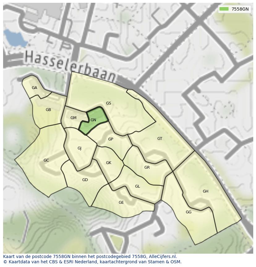 Afbeelding van het postcodegebied 7558 GN op de kaart.