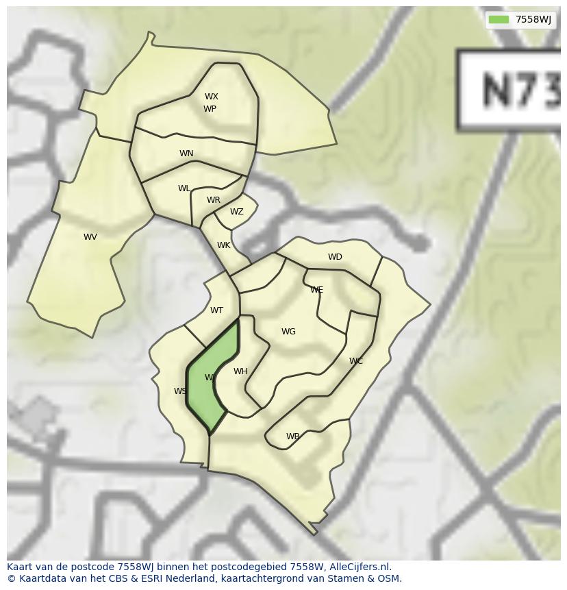 Afbeelding van het postcodegebied 7558 WJ op de kaart.