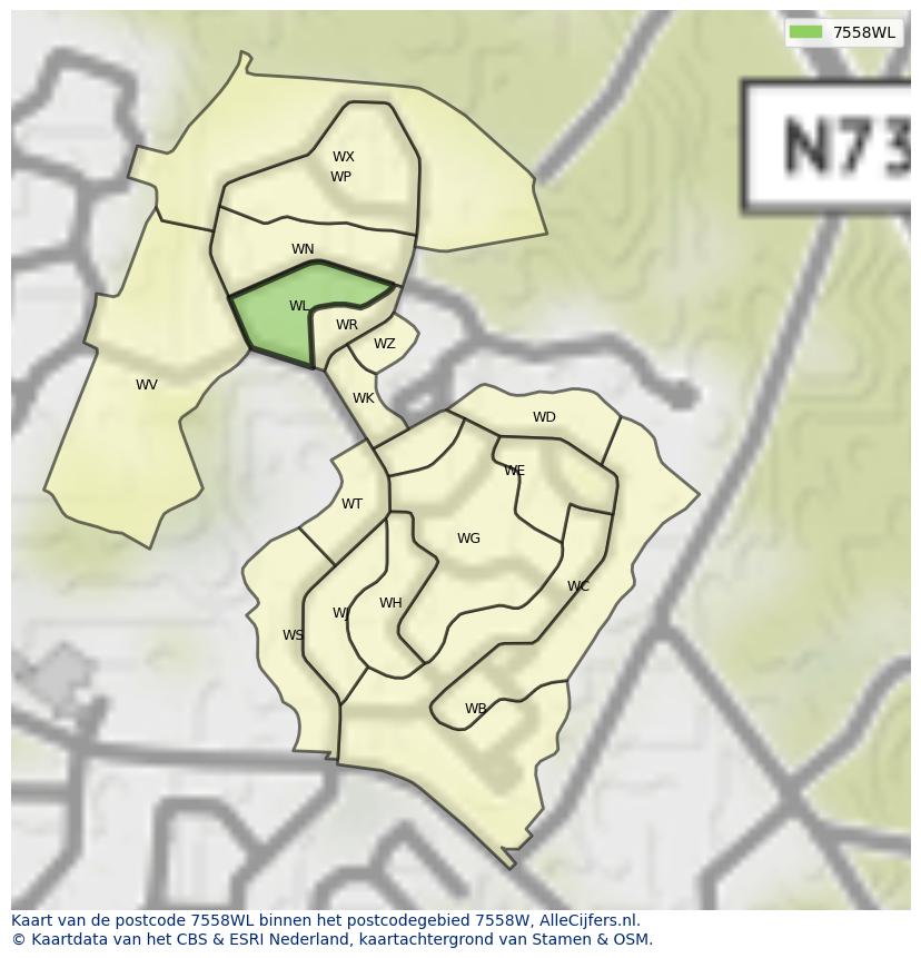 Afbeelding van het postcodegebied 7558 WL op de kaart.