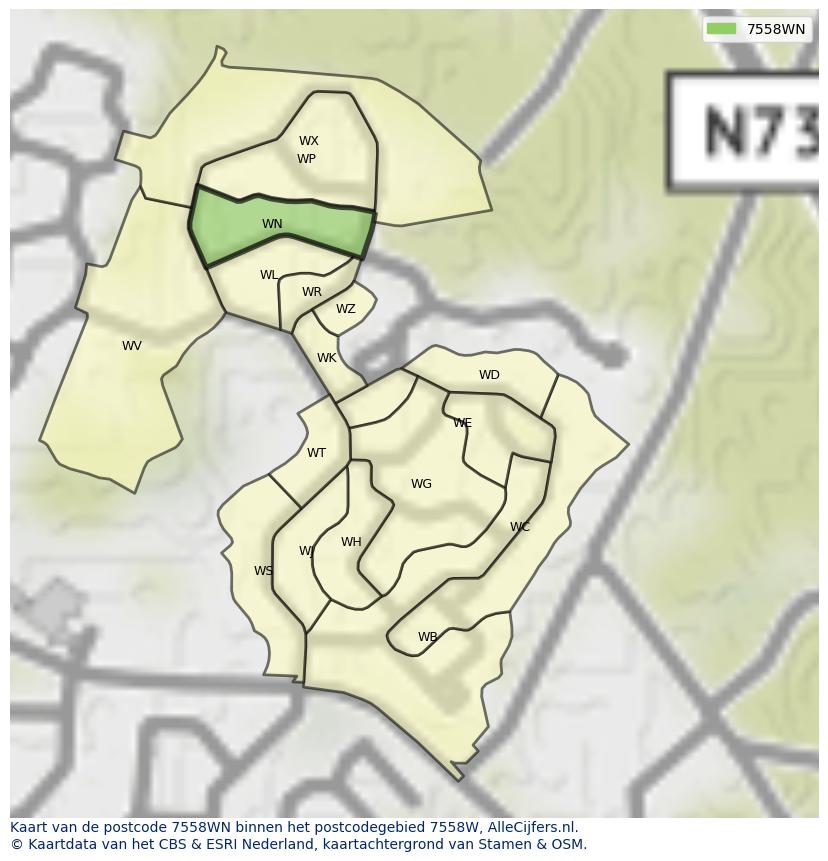 Afbeelding van het postcodegebied 7558 WN op de kaart.