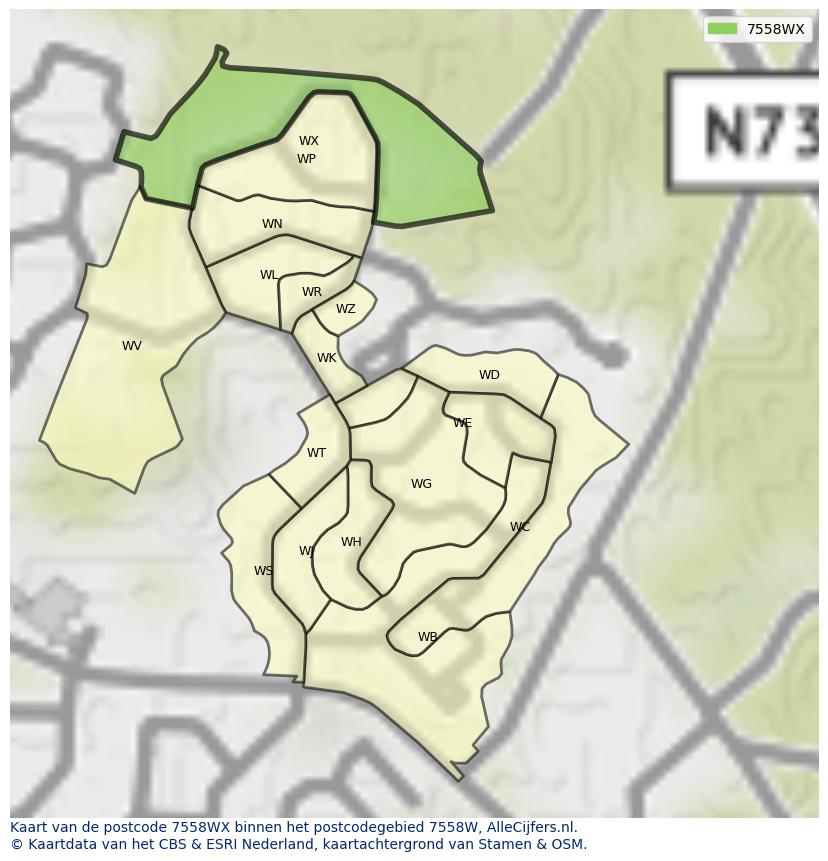 Afbeelding van het postcodegebied 7558 WX op de kaart.