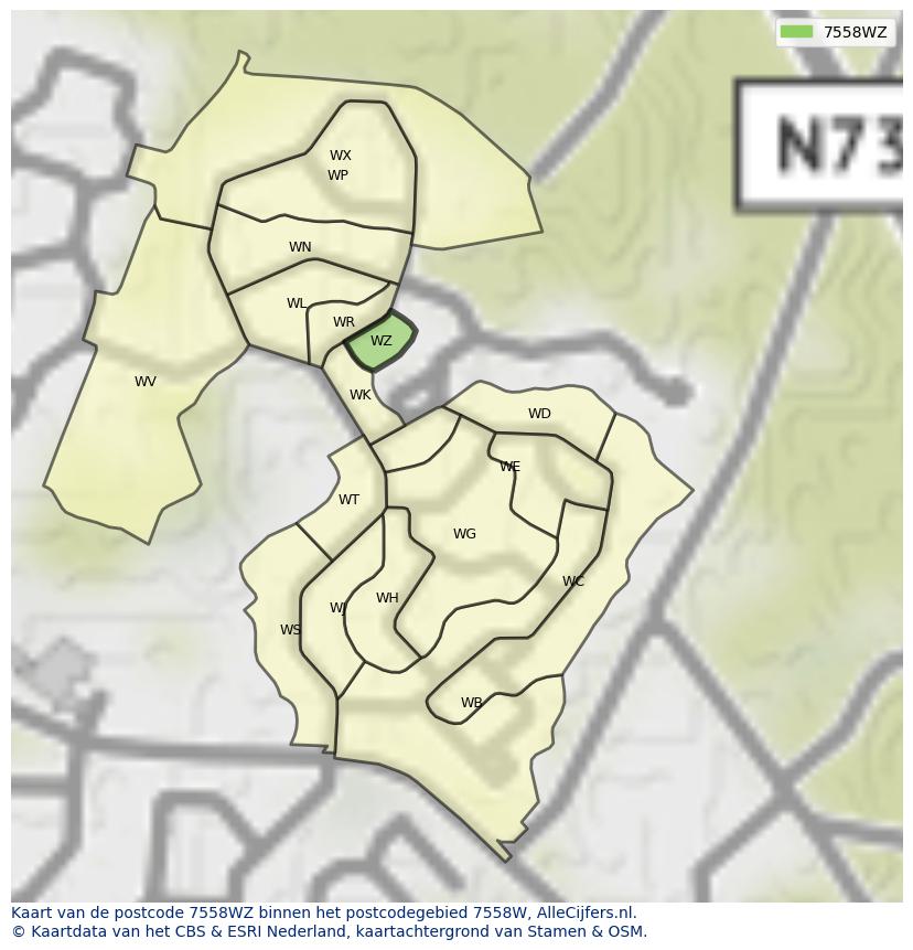 Afbeelding van het postcodegebied 7558 WZ op de kaart.
