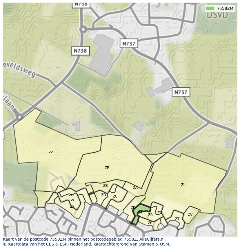 Afbeelding van het postcodegebied 7558 ZM op de kaart.