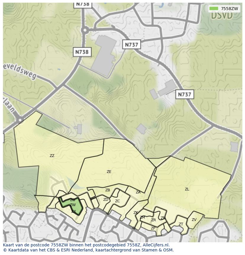Afbeelding van het postcodegebied 7558 ZW op de kaart.