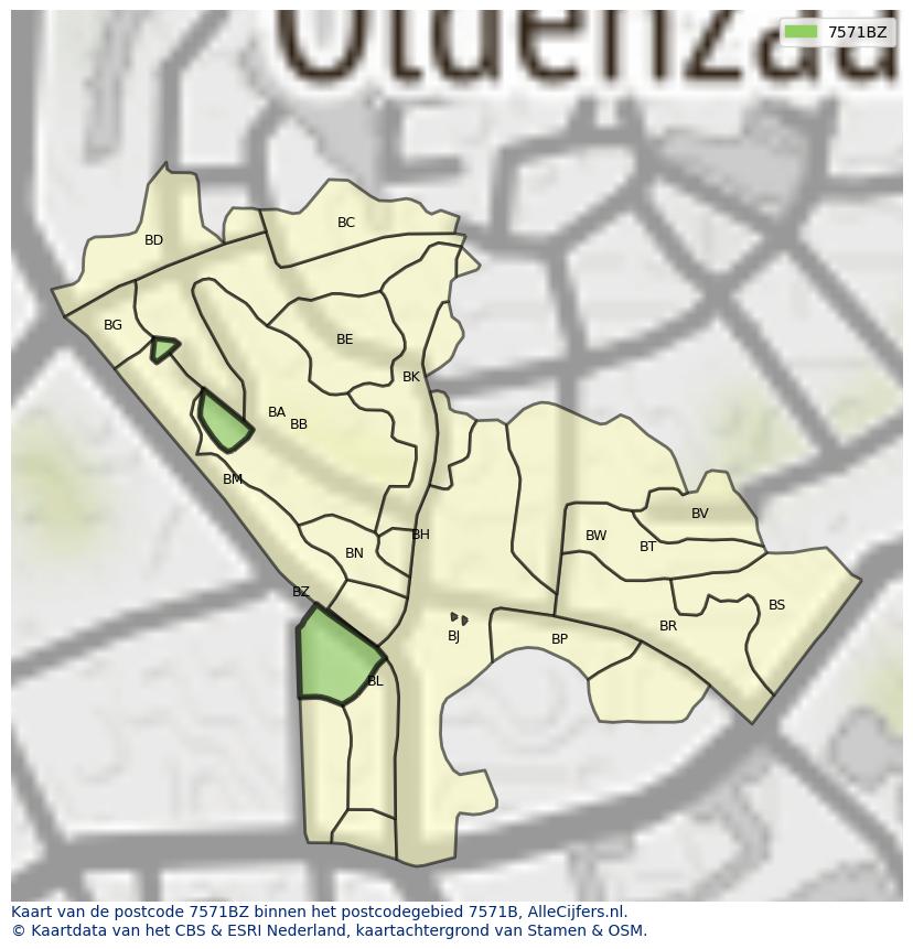 Afbeelding van het postcodegebied 7571 BZ op de kaart.