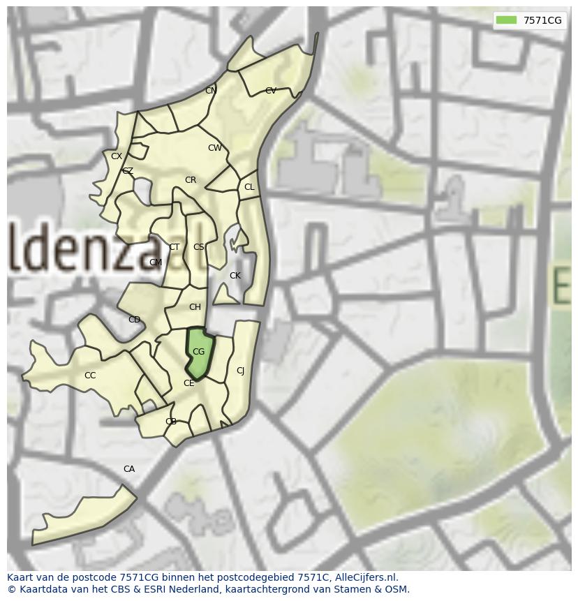 Afbeelding van het postcodegebied 7571 CG op de kaart.