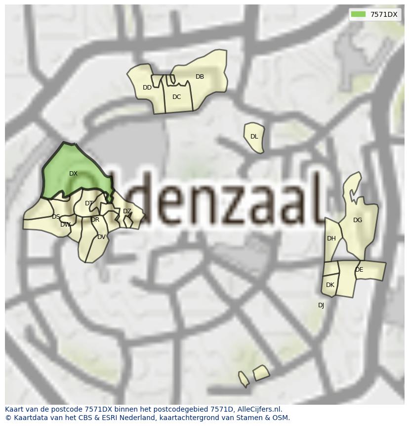 Afbeelding van het postcodegebied 7571 DX op de kaart.