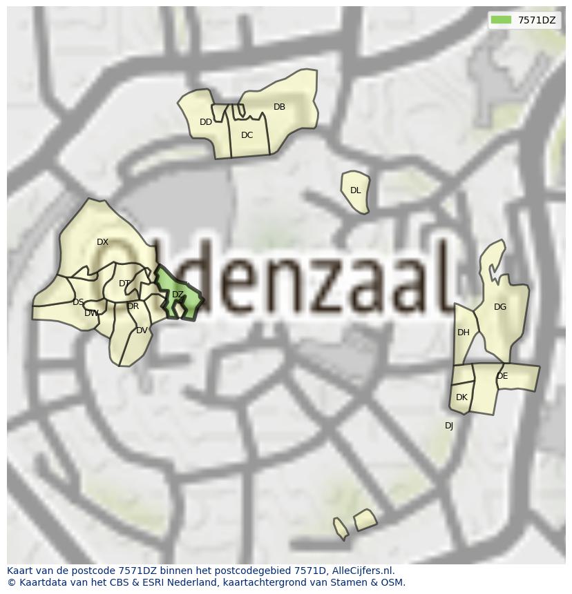 Afbeelding van het postcodegebied 7571 DZ op de kaart.