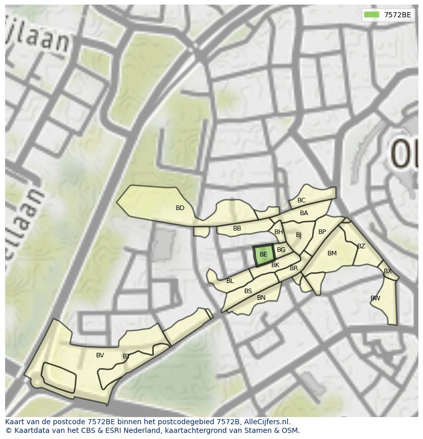 Afbeelding van het postcodegebied 7572 BE op de kaart.