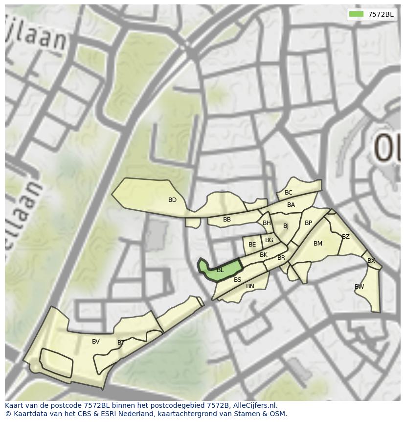 Afbeelding van het postcodegebied 7572 BL op de kaart.