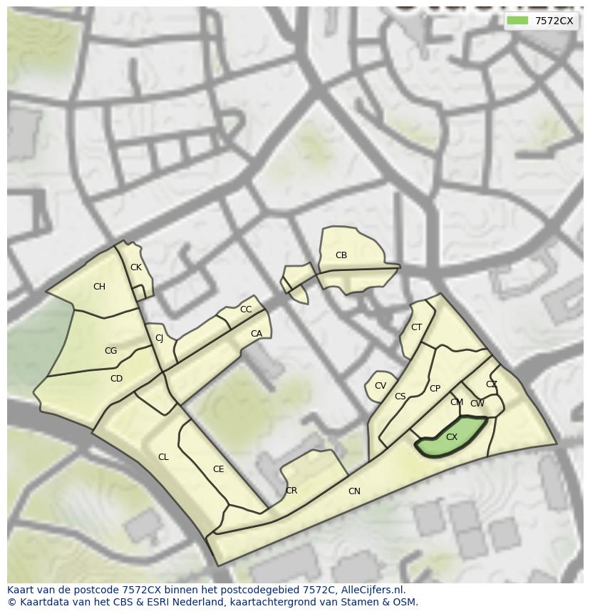Afbeelding van het postcodegebied 7572 CX op de kaart.