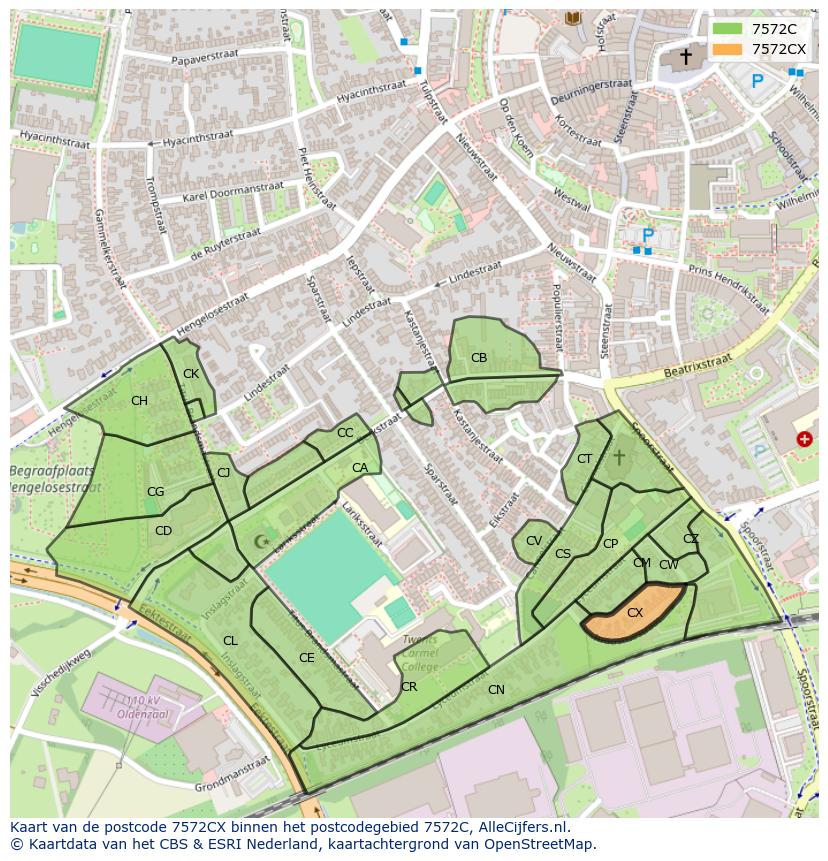 Afbeelding van het postcodegebied 7572 CX op de kaart.