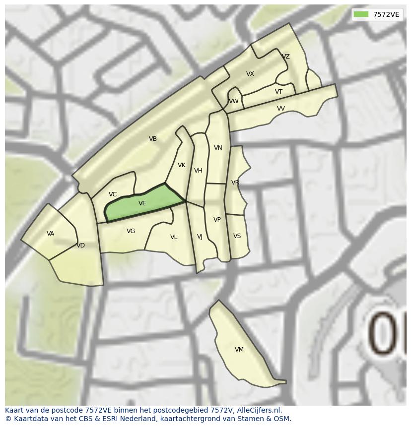 Afbeelding van het postcodegebied 7572 VE op de kaart.