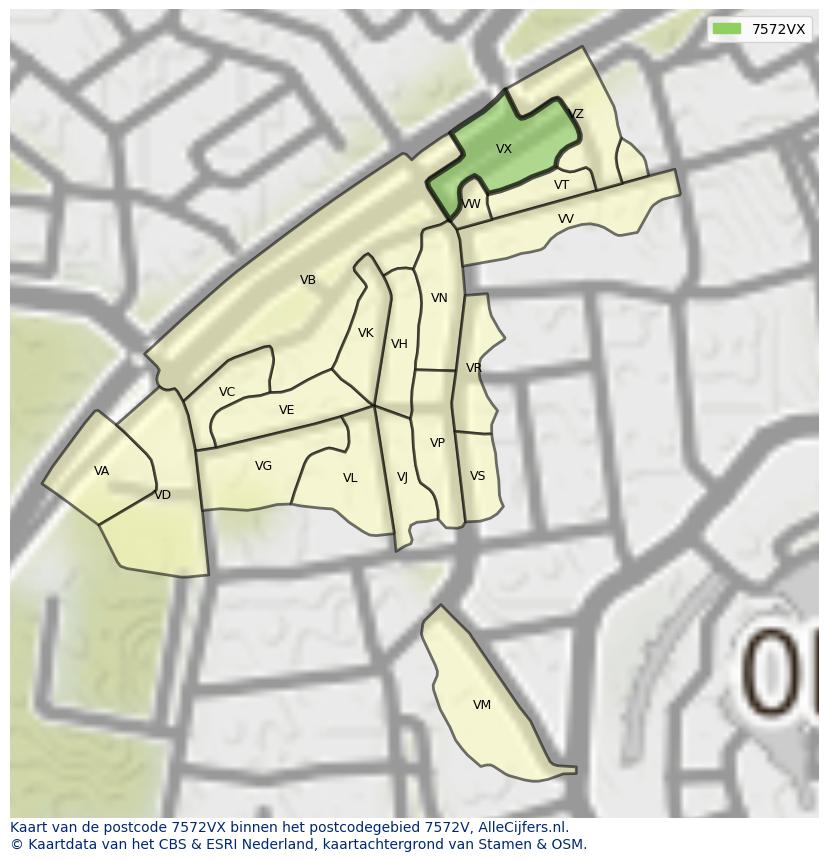 Afbeelding van het postcodegebied 7572 VX op de kaart.