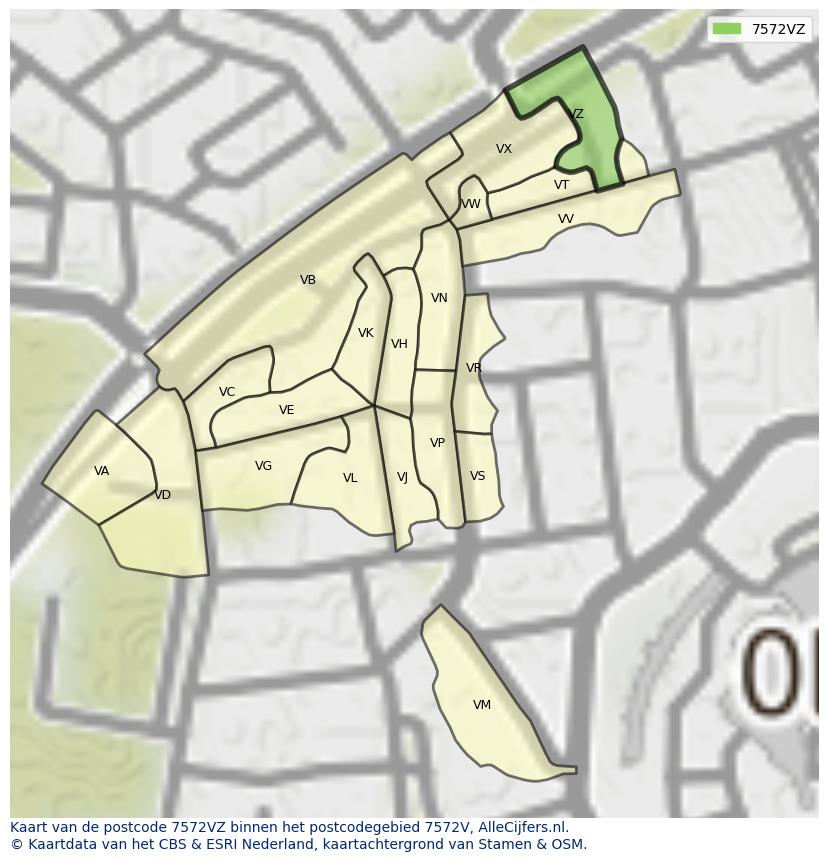 Afbeelding van het postcodegebied 7572 VZ op de kaart.
