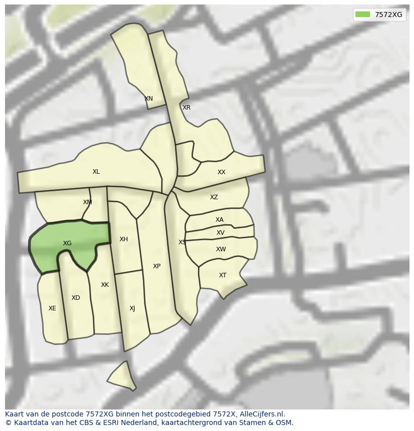 Afbeelding van het postcodegebied 7572 XG op de kaart.