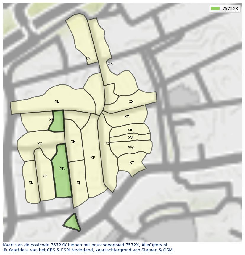 Afbeelding van het postcodegebied 7572 XK op de kaart.