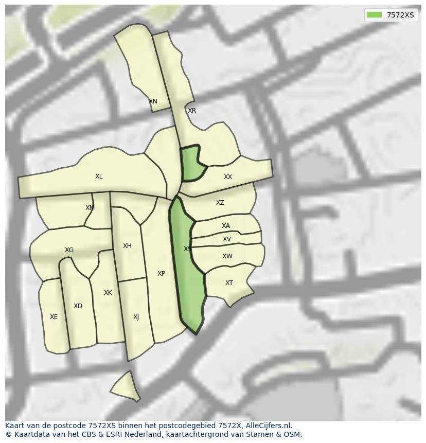 Afbeelding van het postcodegebied 7572 XS op de kaart.