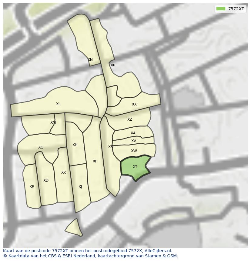 Afbeelding van het postcodegebied 7572 XT op de kaart.