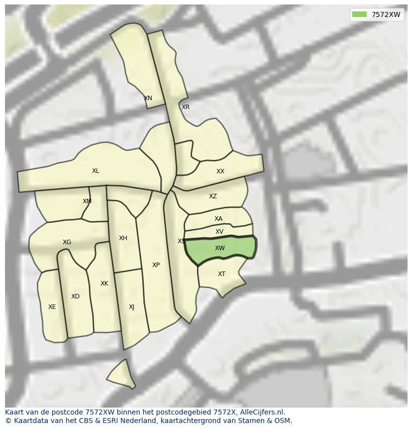 Afbeelding van het postcodegebied 7572 XW op de kaart.