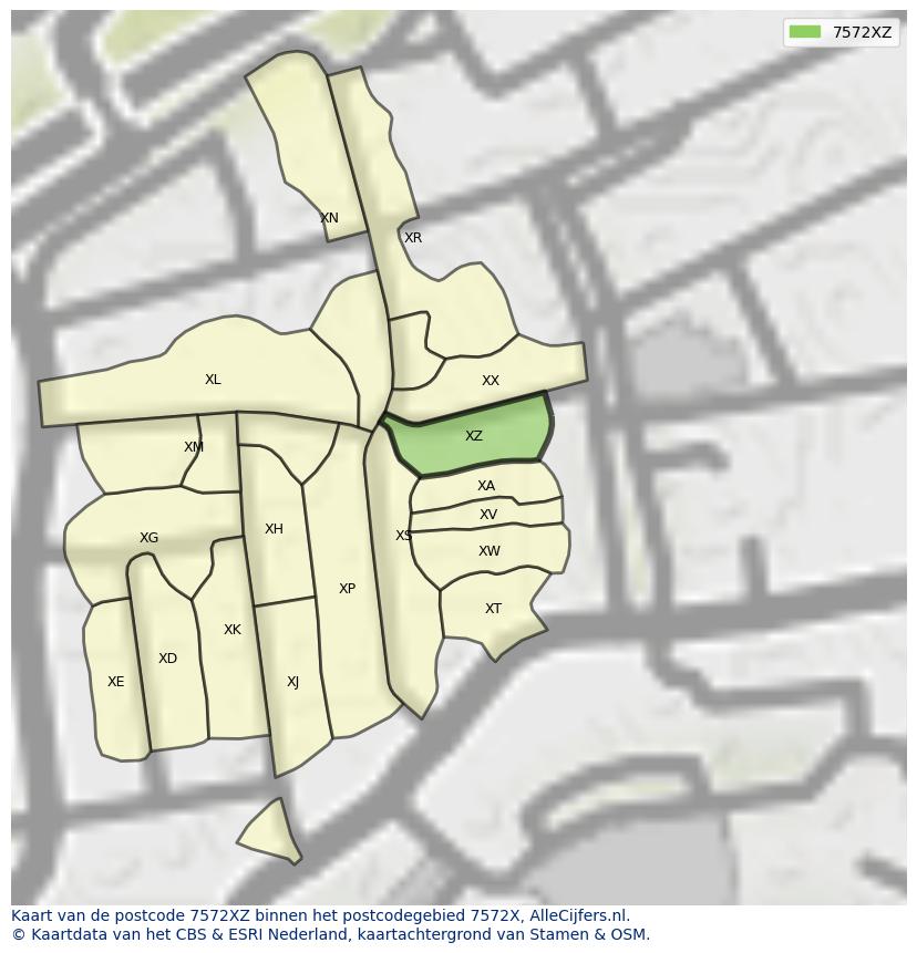 Afbeelding van het postcodegebied 7572 XZ op de kaart.