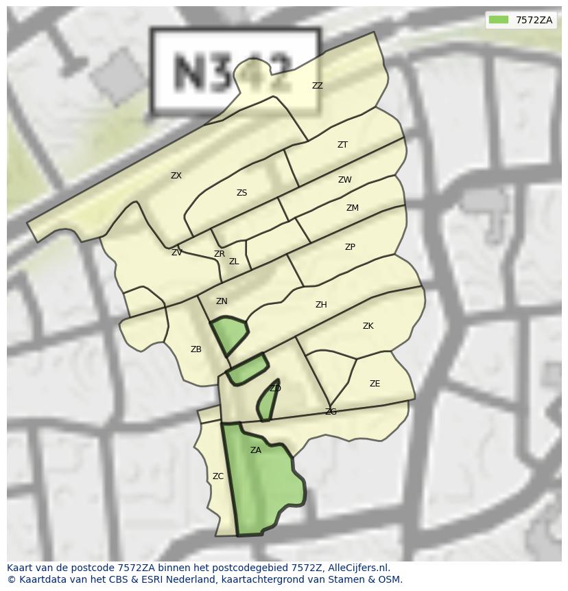 Afbeelding van het postcodegebied 7572 ZA op de kaart.